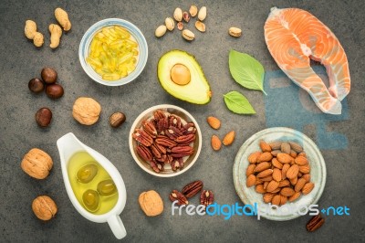 Selection Food Sources Of Omega 3 And Unsaturated Fats. Superfoo… Stock Photo