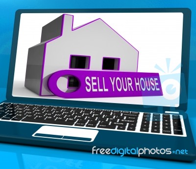 Sell Your House Home Laptop Means Property Available To Buyers Stock Image