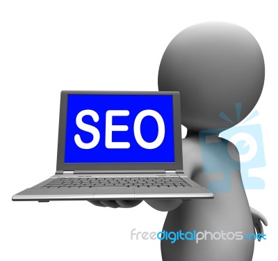 Seo Laptop Character Shows Search Engine Optimization Websites Stock Image