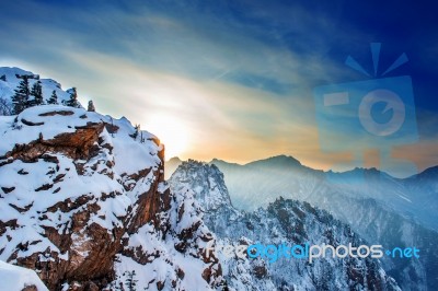 Seoraksan In Winter With Sunset,famous Mountain In Korea Stock Photo