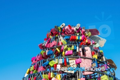 Seoul - February 1 : Love Padlocks At N Seoul Tower Or Locks Of Love Is A Custom In Some Cultures Which Symbolize Their Love Will Be Locked Forever At Seoul Tower On February 1,2015 In Seoul,south Korea Stock Photo