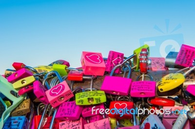 Seoul - February 1 : Love Padlocks At N Seoul Tower Or Locks Of Love Is A Custom In Some Cultures Which Symbolize Their Love Will Be Locked Forever At Seoul Tower On February 1,2015 In Seoul,south Korea Stock Photo