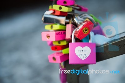 Seoul - February 29 : Love Padlocks At N Seoul Tower Or Locks Of Love Is A Custom In Some Cultures Which Symbolize Their Love Will Be Locked Forever At Seoul Tower On February 29,2016 In Seoul,korea Stock Photo