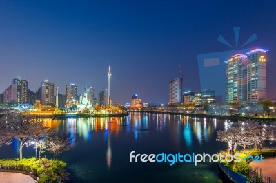 Seoul, Korea - April 9, 2015: Lotte World Amusement Park At Night And Cherry Blossom Of Spring, A Major Tourist Attraction In Seoul, South Korea On April 9, 2015 Stock Photo