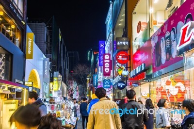 Seoul - March 20: Myeong-dong Market Is Large Shopping Street In Seoul.photo Taken On March 20,2016 In Seoul,south Korea Stock Photo