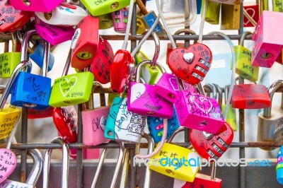 Seoul - March 28 : Love Padlocks At N Seoul Tower Or Locks Of Love Is A Custom In Some Cultures Which Symbolize Their Love Will Be Locked Forever At Seoul Tower On March 28,2015 In Seoul,korea Stock Photo