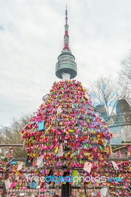 Seoul - March 28 : Love Padlocks At N Seoul Tower Or Locks Of Love Is A Custom In Some Cultures Which Symbolize Their Love Will Be Locked Forever At Seoul Tower On March 28,2015 In Seoul,korea Stock Photo Seoul - March 28 : Love Padlocks At N Seoul Tower Or Locks Of Love Is A Custom In Some Cultures Which Symbolize Their Love Will Be Locked Forever At Seoul Tower On March 28,2015 In Seoul,korea Stock Photo