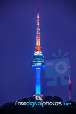 Seoul Tower At Night In Seoul, South Korea Stock Photo