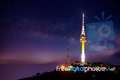 Seoul Tower With Milky Way At Night.namsan Mountain In Korea Stock Photo