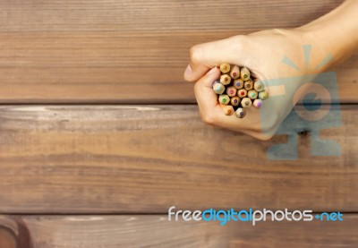Set Of Colored Pencils In Female Hands On A Background Of Dark W… Stock Photo