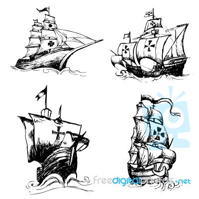Set Of Columbus Ship Doodle Hand Drawn Stock Image