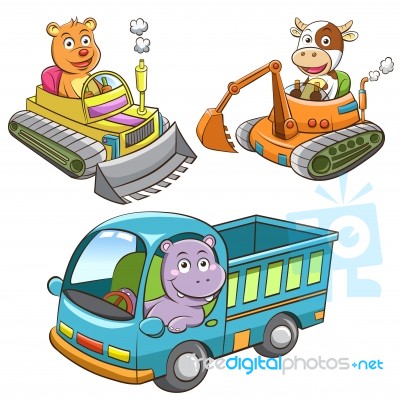 Set Of Construction Vehicle Animal Cartoon Stock Image