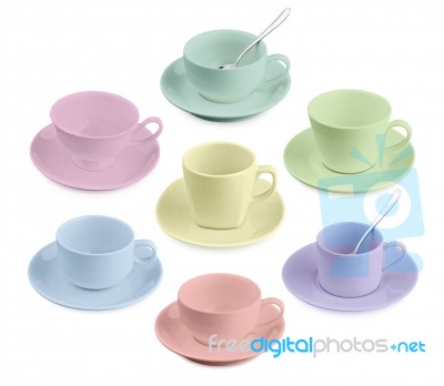 Set Of Different Cup Of Coffee On White Background Stock Photo
