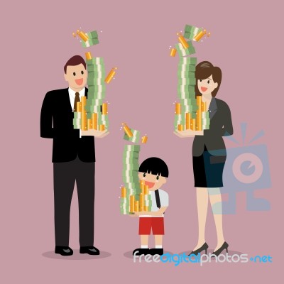 Set Of Man Woman And Boy Are Holding A Pile Of Money Stock Image
