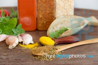 Set Of Spices And Fresh Herbs Stock Photo