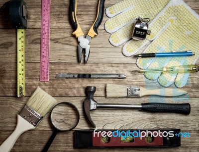 Set Of Tools Over A Wood Background Stock Photo