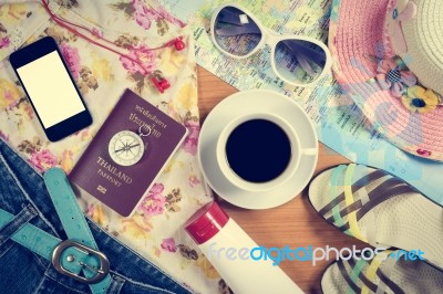 Set Of Travel Accessory Background Stock Photo