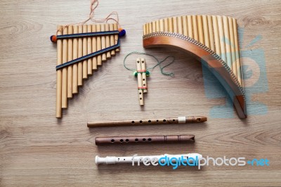 Set Of Wooden Flutes Stock Photo