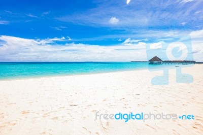 Set Of Wooden Watervillas On The Indian Ocean, Moofushi Atoll, Maldives Stock Photo