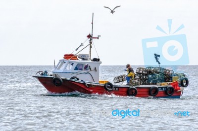 Setting The Lobster Pots From A Fishing Boat Near Craster Stock Photo