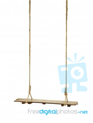 Shabby Wooden Swing With Rope On White Background Stock Photo