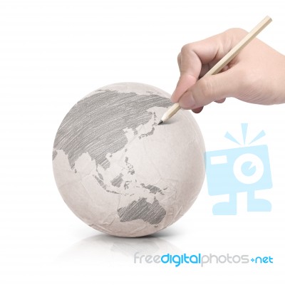 Shade Drawing Asia Map On Paper Ball Stock Photo