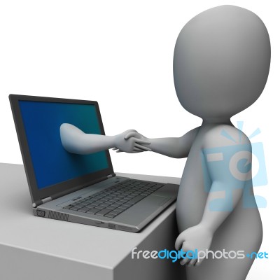 Shaking Hands Through Computer Showing Online Deal Stock Image