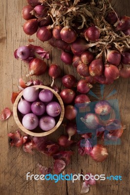 Shallots Still Life Wood Background Stock Photo