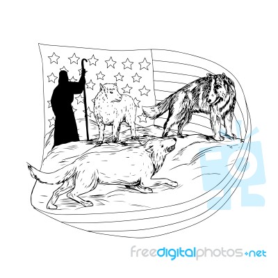 Sheepdog Defend Lamb From Wolf Drawing Stock Image
