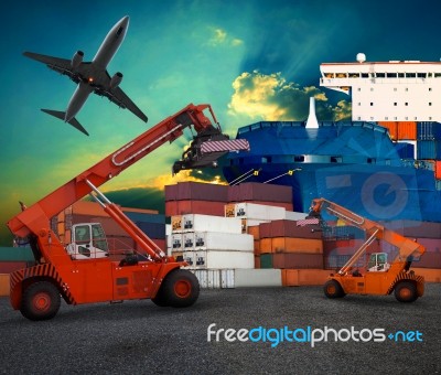 Ship Yard  Logistic By Land Transport And Air Plane Use For Tran… Stock Photo
