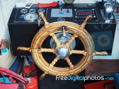 Ship's Wheel In The Cabin Of The Mark Twain Tourist Boat On The Stock Photo