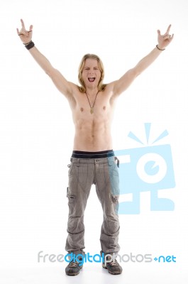 Shirtless Male Raising His Hands Stock Photo