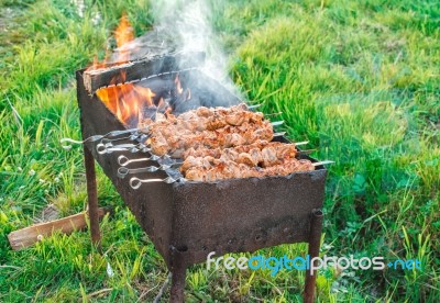 Shish Kebab Is Fried On Coals Stock Photo