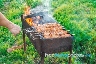 Shish Kebab Is Fried On Coals Stock Photo