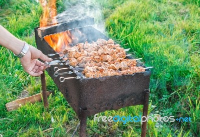 Shish Kebab Is Fried On Coals Stock Photo