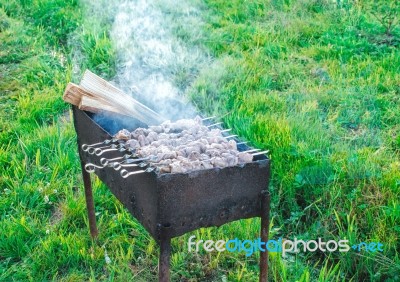 Shish Kebab Is Fried On Coals Stock Photo