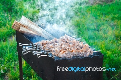 Shish Kebab Is Fried On Coals Stock Photo