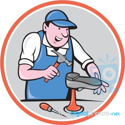 Shoemaker With Hammer Shoe Circle Cartoon Stock Image