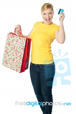 Shopping Lady Holding Credit Card Stock Photo