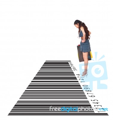 Shopping Lady Looking Barcode Stock Photo