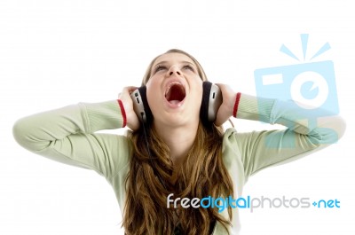 Shouting Lady With Headphone Stock Photo