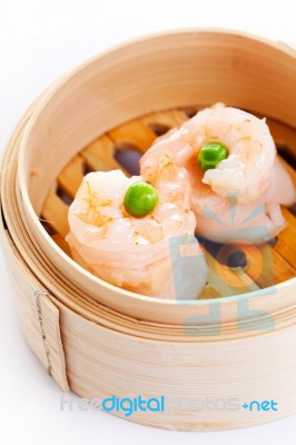 Shrimp Dim Sum In Bamboo Steamed Bow Stock Photo
