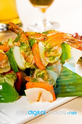 Shrimps And Vegetables Skewers Stock Photo