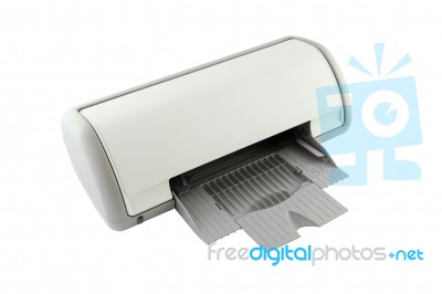 Side Of Empty Tray Printer On White Background Stock Photo