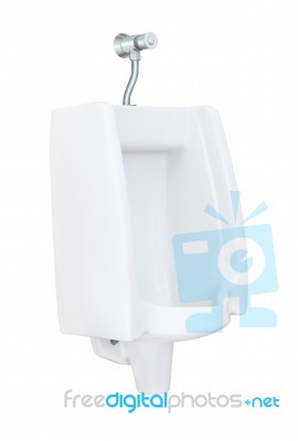 Side Of Urinal With Flush Valve On White Background Stock Photo