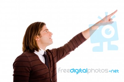 Side Pose Of Male Pointing Stock Photo