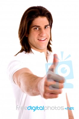 Side View Of Model With Thumbsup Stock Photo