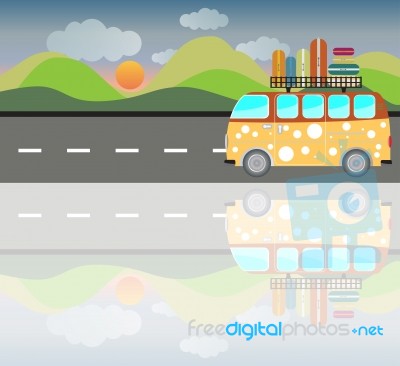 Side View Of Vintage Passenger Van Car With Mountain Background Stock Image