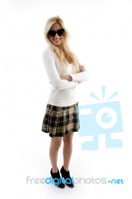 Side View Of Young Model In Short Skirt Stock Photo