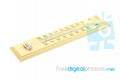 Side Wooden Frame Scale Thermometer On White Background Stock Photo